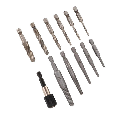 Awesome 11 Piece Screw Extractor Set For Easy Removal Of Broken Bolts And Damaged Threads Perfect For Drilling And Repairing Aluminum And Hard Plastic Mechanical Jobs With Handy Storage Box, alloy steel bits and adapter