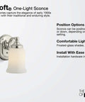 Bancroft Single Sconce With Frosted Glass Shade, Brushed Nickel Finish, wall-mounted with up or down adjustable light.