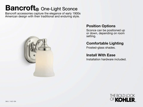 Bancroft Single Sconce With Frosted Glass Shade, Brushed Nickel Finish, wall-mounted with up or down adjustable light.