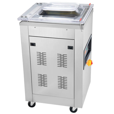 Stainless steel chamber vacuum sealer on wheels with transparent top lid and side control panel.