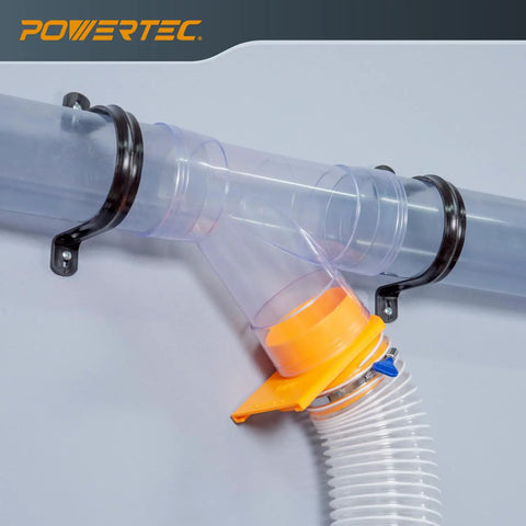4 Inch Dust Collection Fittings Network Kit with Dust Hose Splice, Y Fittings, and Mounting Brackets, installed view.