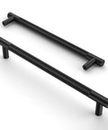 Two matte black knurled cabinet pulls shown from above, 6.3 inch (160mm) length, ideal for cupboards and drawers, durable kitchen handles.