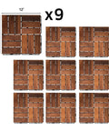 Interlocking Walnut Grid Deck Tiles 12 X 12 Inch 9-Piece Set, natural Acacia hardwood for outdoor decking, shown in grid layout.