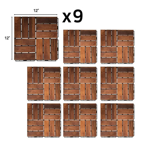 Interlocking Walnut Grid Deck Tiles 12 X 12 Inch 9-Piece Set, natural Acacia hardwood for outdoor decking, shown in grid layout.