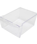 Clear plastic crisper drawer replacement for refrigerator 240351061 OEM part, humidity controlled, front angle view.