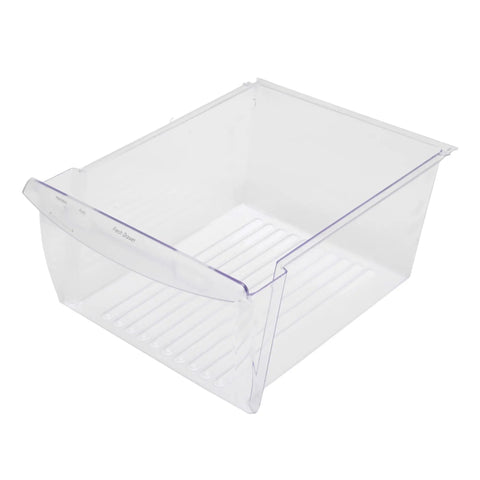 Clear plastic crisper drawer replacement for refrigerator 240351061 OEM part, humidity controlled, front angle view.