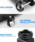 Close-up of steel casters and large saddle on Low Profile Hydraulic Trolley Floor Jack 2 Ton Capacity 4000 Lbs