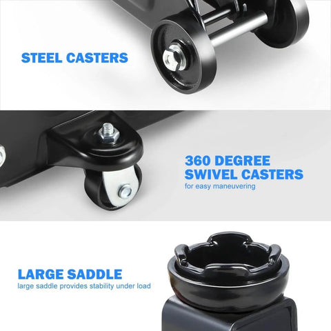 Close-up of steel casters and large saddle on Low Profile Hydraulic Trolley Floor Jack 2 Ton Capacity 4000 Lbs