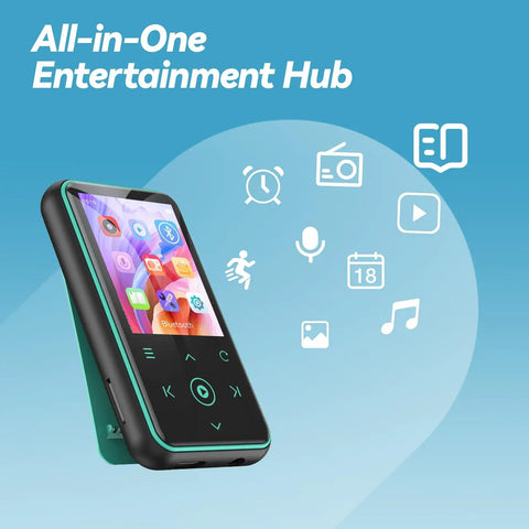 Clip On 64GB MP3 Player With Bluetooth 5.3 FM Radio And Voice Recorder Up To 128GB With Micro SD Model M2 shown with icons