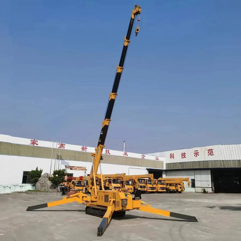 3 Ton Hydraulic Crawler Crane Portable Folding Electric Lifting Rig With No Sweat 360 Turn, outdoor setup, yellow crane, extended arm.
