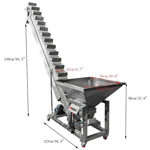 Rugged 220V 1 Phase Bucket Elevator Material Conveyor With 94 Point 5 Inch Lift Height And 400W Motor, stainless steel hopper and incline.