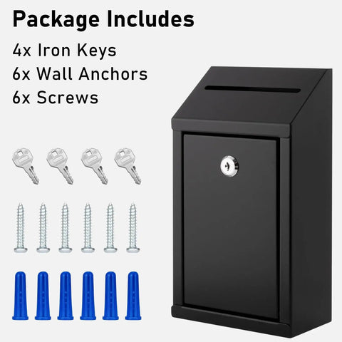 Workhorse Heavy Duty Metal Donation Box With Lock, Wall Mounted Cash Drop Box With Slot, Includes Four Keys, Black Steel Suggestion Box