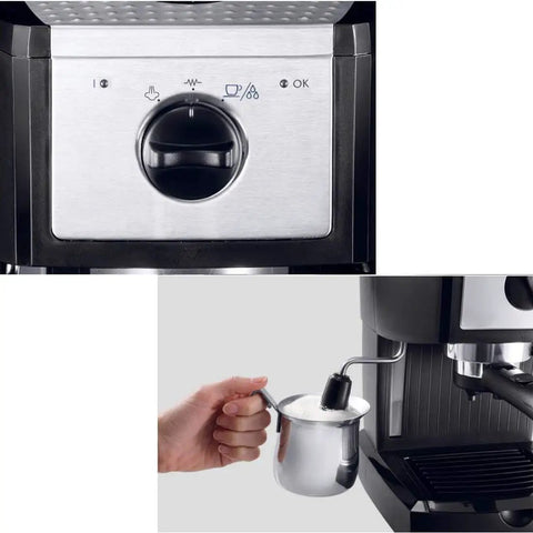 Close-up of a Compact Espresso Machine With 15 Bar Pressure And 1100W Power, featuring control panel and milk frother steam nozzle.