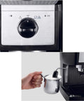 Close-up of 15 Bar Espresso Machine 1100W with Milk Frother and Steam Wand, 1L Removable Drip Tray, control knob and steaming process.