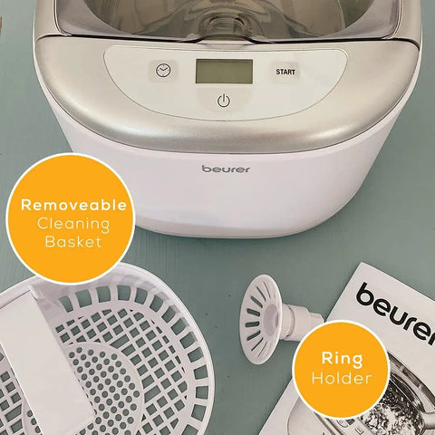 Professional Ultrasonic Cleaner With Digital Timer For Jewelry Rings Coins Eyeglasses Watches White 18.5 Fl Oz top view with accessories