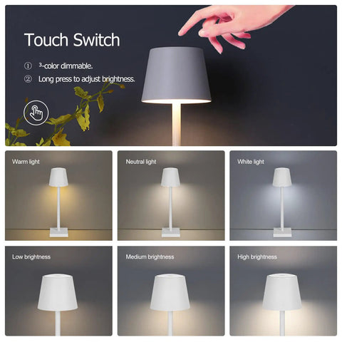 Touch switch on 15.4 Inch LED Cordless Table Lamp With 3 Color Dimmable Light, 5000mAh USB Rechargeable Touch Night Light