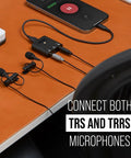 Ultra Compact Dual Channel USB Audio Interface For PC Mac iPhone iPad and Android with TRS and TRRS microphones connected