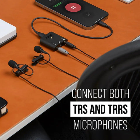 Ultra Compact Dual Channel USB Audio Interface For PC Mac iPhone iPad and Android with TRS and TRRS microphones connected