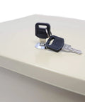 Close-up of keys on top of Beefy Heavy Duty Fire Retardant Steel Security Box With Keyed Lock Large Capacity Fits 9 By 12 Folders