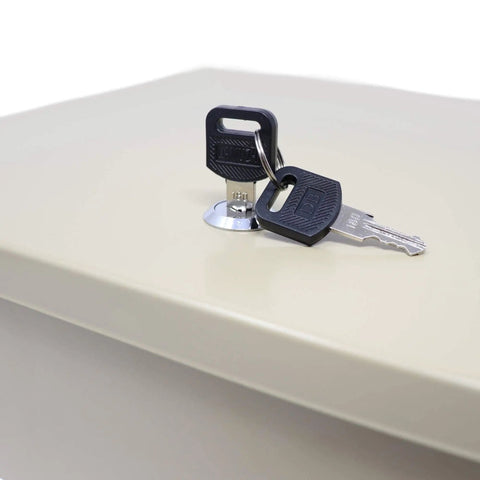 Close-up of keys on top of Beefy Heavy Duty Fire Retardant Steel Security Box With Keyed Lock Large Capacity Fits 9 By 12 Folders