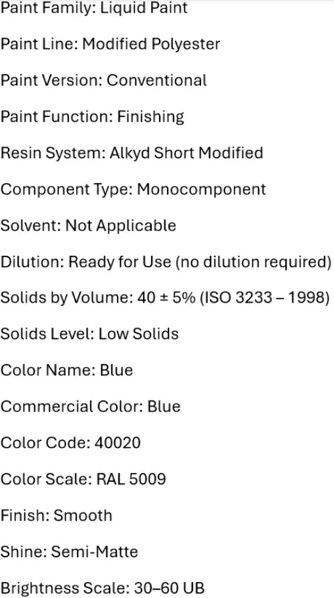 113 R SRA Liquid Paint In Blue For W22 Round Can, 250g specifications, including resin system, dilution, and finish details