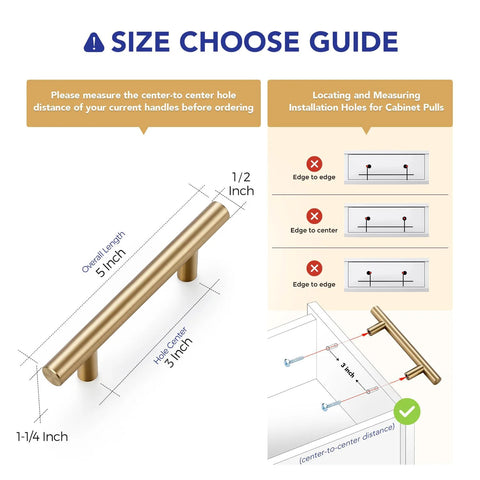 Size guide for Champagne Bronze Stainless Steel Cabinet Handles Set of 30 With 3 Inch Center To Center Holes And 5 Inch Overall Length