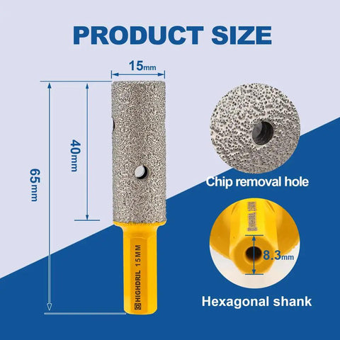 Diagram showing Diamond Milling Finger Bits 15mm Dry Core Drill Bit for Porcelain Ceramic Granite Marble Enlarge Holes Shape Bevels