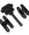 Adjustable Hidden Door Hinge 180 Degree Concealed Zinc Alloy Build Tough Heavy Workhorse With Smooth Gliding Action Perfect For Thin Doors Up To 1400Mm Zero Visible Install And Top Tier 60Kg Load Rating showing two black zinc alloy hinges and a central rod.
