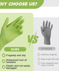 Green nitrile disposable glove, small size, shown on hand in an OURS vs OTHERS comparison graphic