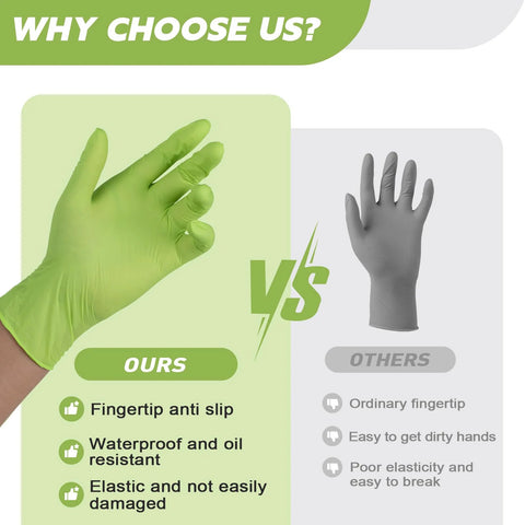 Green nitrile disposable glove, small size, shown on hand in an OURS vs OTHERS comparison graphic