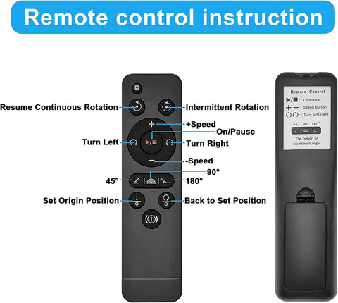 Qinmay 360 Degree Rotating Display Stand With Remote Control showing functions and buttons for smooth product video shooting.
