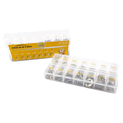 E Clips Assortment Kit Pro Grade 425Pcs 304 Stainless Steel Snap Rings in labeled storage box