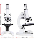 All Metal Optical Microscope 40X 2400X for School and Home Lab shown front and side with dimensions