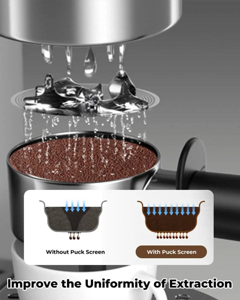 Top Shelf 3 Pack 58Mm Espresso Puck Screen showing water extraction over coffee grounds in a portafilter.