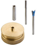 Slick Miniature Dovetail Template And Bit Kit featuring brass base and three router bits for quarter inch finger joints.