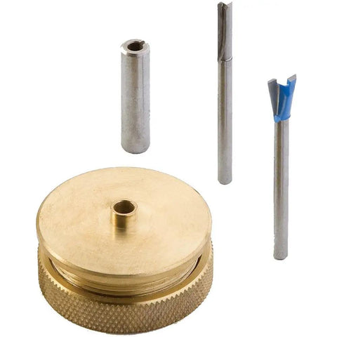 Slick Miniature Dovetail Template And Bit Kit featuring brass base and three router bits for quarter inch finger joints.