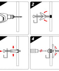Illustration showing installation steps for Toggle Bolt Kit 29-Piece Zinc Plated Steel Set With One-Eighth Inch, Three-Sixteenth Inch, And One-Fourth Inch Toggle Bolts Plus Wing Nuts For Hanging Heavy Stuff On Drywall.