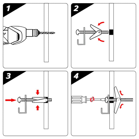Illustration showing installation steps for Toggle Bolt Kit 29-Piece Zinc Plated Steel Set With One-Eighth Inch, Three-Sixteenth Inch, And One-Fourth Inch Toggle Bolts Plus Wing Nuts For Hanging Heavy Stuff On Drywall.