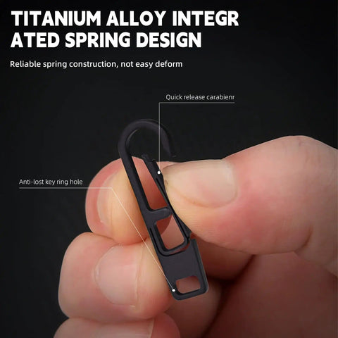 Close-up of Two Pack Heavy Duty Titanium Zipper Pull Replacements For Backpacks Luggage Jackets And Outdoor Gear, black, held by hand.