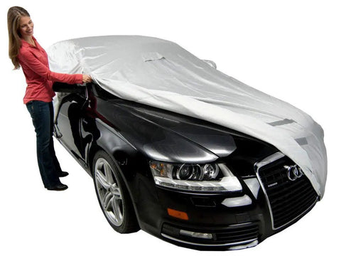 Heavy Duty All Weather Car Cover Gonna Shield Your Tesla Model S Like Armor While Crushing Rain Snow And UV Damage Through Super Breathable Water Repellent Material Made For Rough Daily Use being applied to a black sedan.