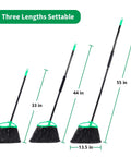Heckin Tough Heavy Duty Brooms Two Pack with 55 Inch Long Handles showing three settable lengths of brooms, 33 in, 44 in, and 55 in.