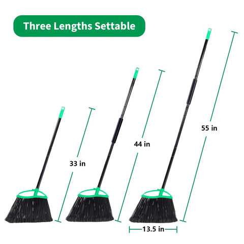 Heckin Tough Heavy Duty Brooms Two Pack with 55 Inch Long Handles showing three settable lengths of brooms, 33 in, 44 in, and 55 in.