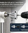 Professional Grade Heavy Duty Broken Pipe Extractor Tool Rips Out Stuck Rusted Threaded Fittings Quick No Sweat Saves Time On Faucet And Angle Valve Jobs Half To Full Inch Compatible, shown with electric drill.