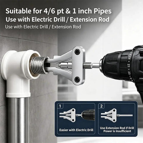 Professional Grade Heavy Duty Broken Pipe Extractor Tool Rips Out Stuck Rusted Threaded Fittings Quick No Sweat Saves Time On Faucet And Angle Valve Jobs Half To Full Inch Compatible, shown with electric drill.
