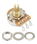 Two Pack B250K Linear Guitar Pots with Fifteen Point Five Millimeter short split shaft, shown with included washers and nut