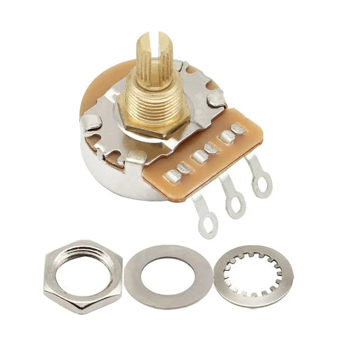 Two Pack B250K Linear Guitar Pots with Fifteen Point Five Millimeter short split shaft, shown with included washers and nut