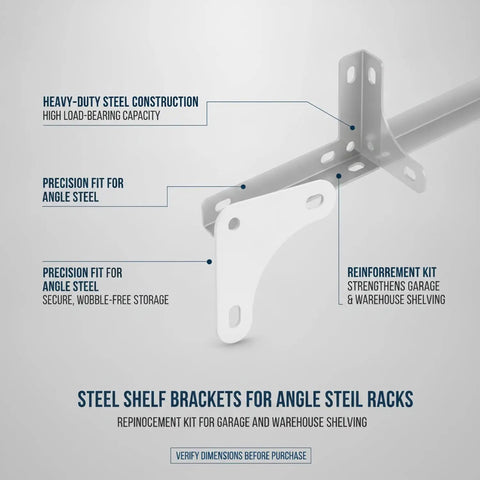 Diagram showing steel Heavy Duty Shelf Bracket Reinforcement Kit for angle steel racks with labeled features.