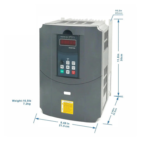 11KW To 15KW Variable Frequency Drive VFD Inverter 220V 380V For CNC Speed Control High Efficiency Energy Saving With Pure Copper Windings Smooth Start Stop Protection Safe Durable Industrial Grade Heavy Duty Pro Grade, front view with dimensions