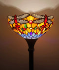 Tiffany Style Floor Lamp With Bold Orange Blue Dragonfly Stained Glass Shade, 12 Inch Wide, 71 Inch Tall Torchiere Uplight For Corner