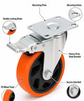 Heavy Duty Beefy Caster Wheels Set Of Four Locking Casters With Dual Ball Bearings Smooth Swivel showing double locking brake and steel bracket.